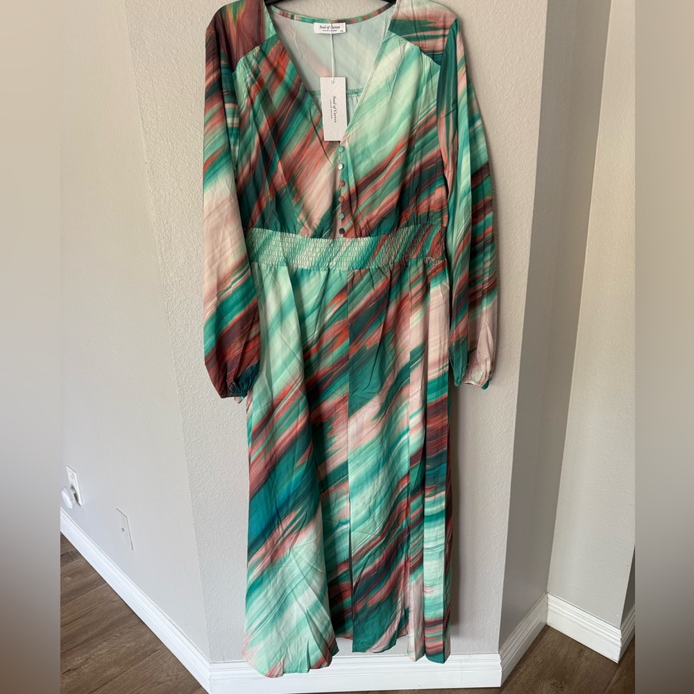 New Green Colorful Sundress with Bishop Sleeves